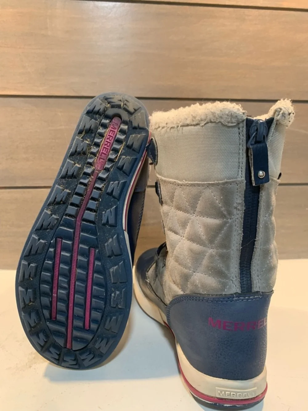 Merrell Kids Heidi Waterproof Boots Gray & Navy Sz 3 Winter Snow Quilted Casual